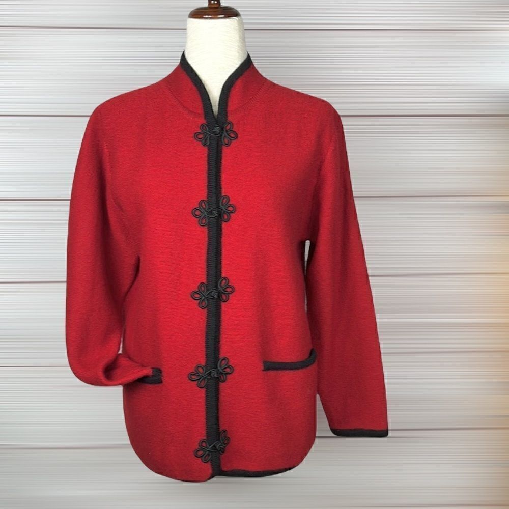 Crystal - Kobe Wool Knitted Cardigan Red Black Trim Front Pockets Chinese Style